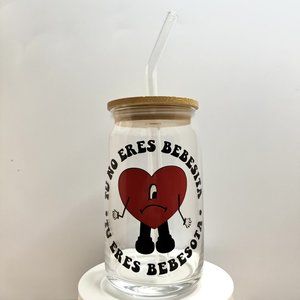 Bad Bunny Glass Cup w/ Lid and Glass Straw 16 oz